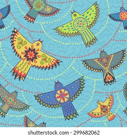 Seamless pattern. Ethnic stylish background. Vector repeat texture with colorful birds and circles.