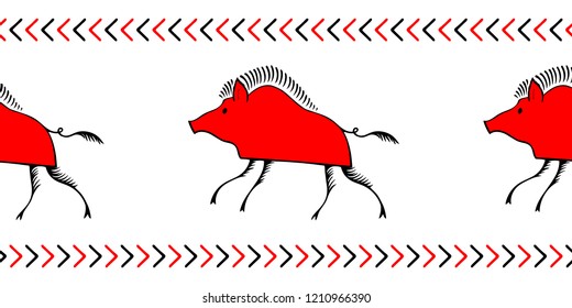 Seamless pattern ethnic stylized Russian Mezen painting for border decoration red and black with wild boar. Vector EPS10