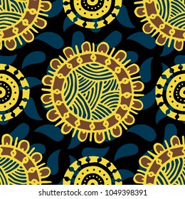 Seamless pattern with ethnic sun, mandala. Turkish, Indian, Persian, African. Vector illustration