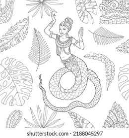 Seamless Pattern With Ethnic Thailand Demons And Creatures, Doodle Hand Drawn Line Art Illustrations, Asian Mythology And Culture Concept