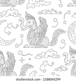 Seamless Pattern With Ethnic Thailand Demons And Creatures, Doodle Hand Drawn Line Art Illustrations, Asian Mythology And Culture Concept