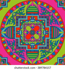 Seamless pattern with ethnic Tibet mandalas and elements. Vector illustration.