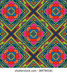 Seamless pattern with ethnic Tibet mandalas and elements. Vector illustration.