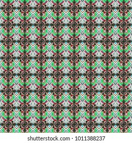 Seamless pattern in ethnic traditional style. Abstract vintage pattern with decorative tiles pattern. Vector oriental style in beige, green and black colors.