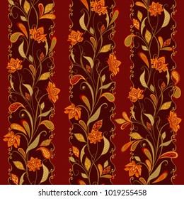Seamless pattern in ethnic traditional style. Abstract vintage pattern with decorative flowers, leaves and Paisley pattern in Oriental style.
