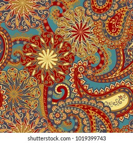 Seamless pattern in ethnic traditional style. Abstract vintage pattern with decorative flowers, leaves and Paisley pattern in Oriental style.