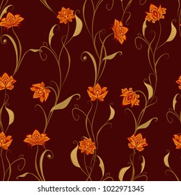 Seamless pattern in ethnic traditional style. Abstract vintage pattern with decorative flowers, leaves and Paisley pattern in Oriental style.