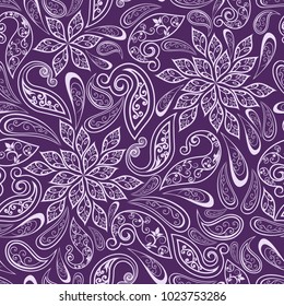 Seamless pattern in ethnic traditional style. Abstract vintage pattern with decorative flowers, leaves and Paisley pattern in Oriental style.