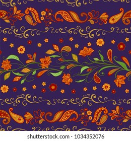 Seamless pattern in ethnic traditional style. Abstract vintage pattern with decorative flowers, leaves and Paisley pattern in Oriental style.