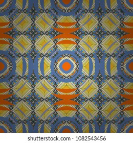 Seamless pattern in ethnic traditional style. Abstract vintage pattern with decorative tiles pattern. Vector oriental style in orange, blue and yellow colors.