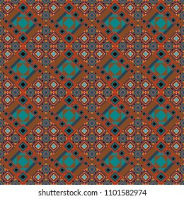 Seamless pattern in ethnic traditional style. Abstract vintage pattern with decorative tiles pattern. Vector oriental style in orange, brown and blue colors.