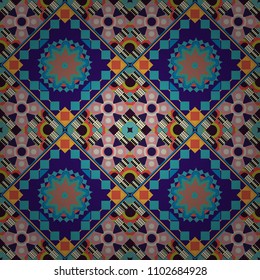 Seamless pattern in ethnic traditional style. Abstract vintage pattern with decorative tiles pattern. Vector oriental style in gray, blue and violet colors.