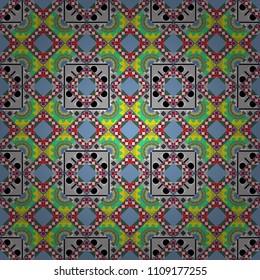 Seamless pattern in ethnic traditional style. Abstract vintage pattern with decorative tiles pattern. Oriental style in blue, yellow and gray colors.
