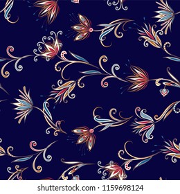 Seamless pattern in ethnic traditional style. Abstract vintage pattern with decorative flowers, leaves and Paisley pattern in Oriental style.