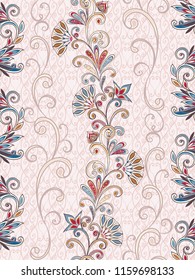 Seamless pattern in ethnic traditional style. Abstract vintage pattern with decorative flowers, leaves and Paisley pattern in Oriental style.