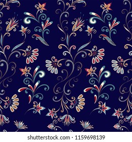 Seamless pattern in ethnic traditional style. Abstract vintage pattern with decorative flowers, leaves and Paisley pattern in Oriental style.
