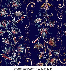 Seamless pattern in ethnic traditional style. Abstract vintage pattern with decorative flowers, leaves and Paisley pattern in Oriental style.