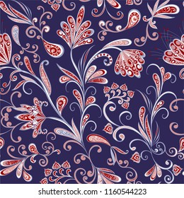 Seamless pattern in ethnic traditional style. Abstract vintage pattern with decorative flowers, leaves and Paisley pattern in Oriental style.