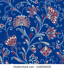 Seamless pattern in ethnic traditional style. Abstract vintage pattern with decorative flowers, leaves and Paisley pattern in Oriental style.