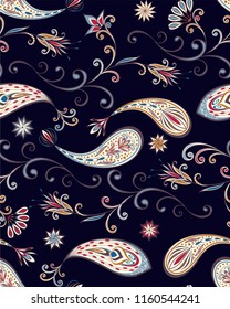 Seamless pattern in ethnic traditional style. Abstract vintage pattern with decorative flowers, leaves and Paisley pattern in Oriental style.