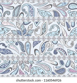 Seamless pattern in ethnic traditional style. Abstract vintage pattern with decorative flowers, leaves and Paisley pattern in Oriental style.