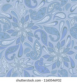 Seamless pattern in ethnic traditional style. Abstract vintage pattern with decorative flowers, leaves and Paisley pattern in Oriental style.