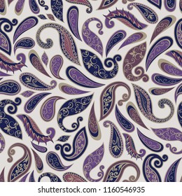 Seamless pattern in ethnic traditional style. Abstract vintage pattern with decorative flowers, leaves and Paisley pattern in Oriental style.
