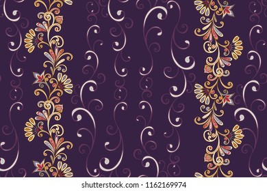 Seamless pattern in ethnic traditional style. Abstract vintage pattern with decorative flowers, leaves and Paisley pattern in Oriental style.