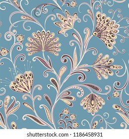 Seamless pattern in ethnic traditional style. Abstract vintage pattern with decorative flowers, leaves and Paisley pattern in Oriental style.