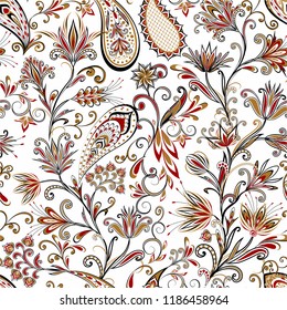 Seamless pattern in ethnic traditional style. Abstract vintage pattern with decorative flowers, leaves and Paisley pattern in Oriental style.