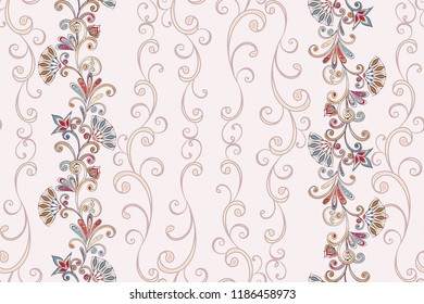 Seamless pattern in ethnic traditional style. Abstract vintage pattern with decorative flowers, leaves and Paisley pattern in Oriental style.
