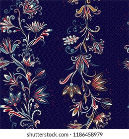 Seamless pattern in ethnic traditional style. Abstract vintage pattern with decorative flowers, leaves and Paisley pattern in Oriental style.