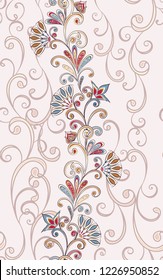 Seamless pattern in ethnic traditional style. Abstract vintage pattern with decorative flowers, leaves and Paisley pattern in Oriental style.