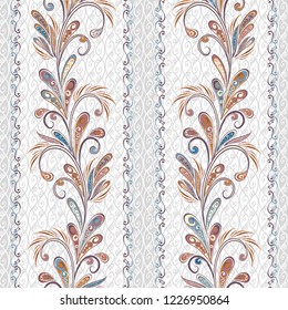 Seamless pattern in ethnic traditional style. Abstract vintage pattern with decorative flowers, leaves and Paisley pattern in Oriental style.