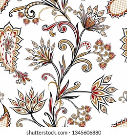Seamless pattern in ethnic traditional style. Abstract vintage pattern with decorative flowers, leaves and Paisley pattern in Oriental style.