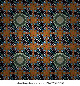Seamless pattern in ethnic traditional style. Vector oriental style in black, brown and green colors. Abstract vintage pattern with decorative tiles pattern.