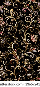 Seamless pattern in ethnic traditional style. Abstract vintage pattern with decorative flowers, leaves and Paisley pattern in Oriental style.