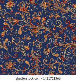 Seamless pattern in ethnic traditional style. Abstract vintage pattern with decorative flowers, leaves and Paisley pattern in Oriental style.