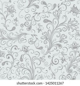Seamless pattern in ethnic traditional style. Abstract vintage pattern with decorative flowers, leaves and Paisley pattern in Oriental style.