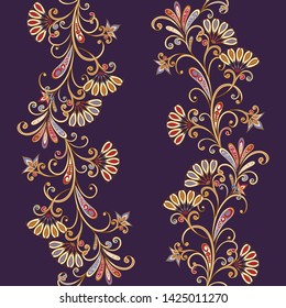 Seamless pattern in ethnic traditional style. Abstract vintage pattern with decorative flowers, leaves and Paisley pattern in Oriental style.