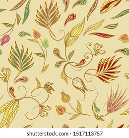 Seamless pattern in ethnic traditional style. Abstract vintage pattern with decorative flowers, leaves and Paisley pattern in Oriental style.