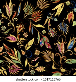 Seamless pattern in ethnic traditional style. Abstract vintage pattern with decorative flowers, leaves and Paisley pattern in Oriental style.
