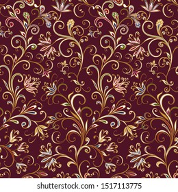 Seamless pattern in ethnic traditional style. Abstract vintage pattern with decorative flowers, leaves and Paisley pattern in Oriental style.
