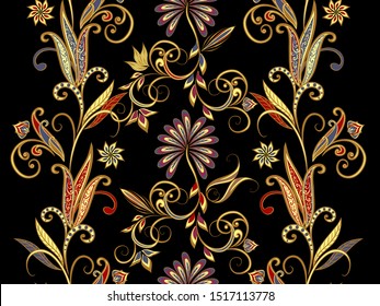 Seamless pattern in ethnic traditional style. Abstract vintage pattern with decorative flowers, leaves and Paisley pattern in Oriental style.