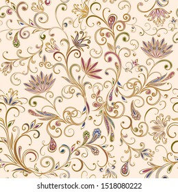 Seamless pattern in ethnic traditional style. Abstract vintage pattern with decorative flowers, leaves and Paisley pattern in Oriental style.