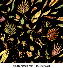 Seamless pattern in ethnic traditional style. Abstract vintage pattern with decorative flowers, leaves and Paisley pattern in Oriental style.