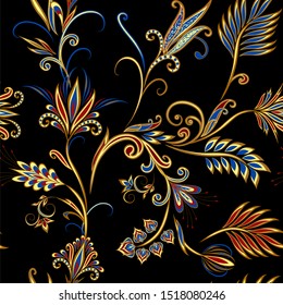 Seamless pattern in ethnic traditional style. Abstract vintage pattern with decorative flowers, leaves and Paisley pattern in Oriental style.