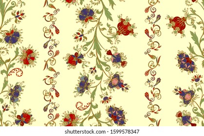 Seamless pattern in ethnic traditional style. Abstract vintage pattern with decorative flowers, leaves and Paisley pattern in Oriental style.