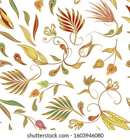 Seamless pattern in ethnic traditional style. Abstract vintage pattern with decorative flowers, leaves and Paisley pattern in Oriental style.