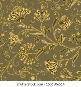 Seamless pattern in ethnic traditional style. Abstract vintage pattern with decorative flowers, leaves and Paisley pattern in Oriental style.